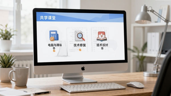 共学课堂问题解答与技术支持页面,风格简洁清晰,配有常见的电脑故障修复图标,背景为办公桌面场景