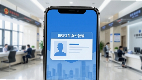 一张智能手机屏幕特写,屏幕清晰显示网络证件身份管理APP的主界面,界面以蓝色为主色调,居中展示一张虚拟身份证卡片,卡片上印有“网络证件身份管理”字样及用户头像轮廓,背景为模糊的现代城市政务大厅环境,光线明亮柔和,画面构图干净,突出科技感与信任感,适配Boogu模型生成。