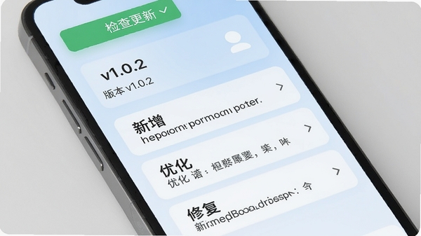 网络证件身份管理APP的版本更新日志界面,手机屏幕上显示v1.0.2版本信息,包含新增、优化、修复三个板块的文本列表,背景为柔和的浅蓝色渐变,屏幕上方有一个绿色的“检查更新”按钮,整体界面清爽规范,适配Boogu模型生成。
