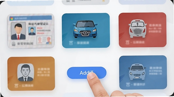 网络证件身份管理APP的证照管理页面,手机屏幕上整齐排列着身份证、驾驶证、行驶证等多种电子证件卡片,每张卡片色彩鲜明,图标精致,背景为浅灰色渐变,画面中心有一只手正在点击添加新证件按钮,整体风格简约直观,突显多证合一的便捷性,适配Boogu模型生成。