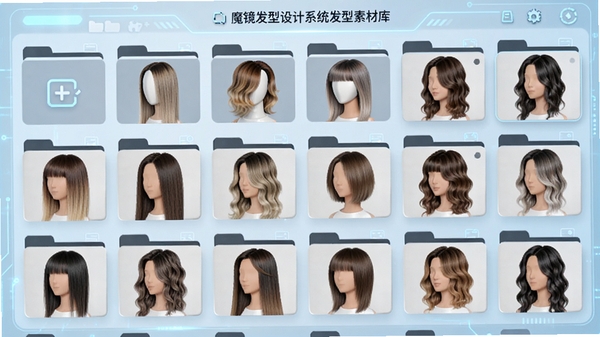 魔镜发型设计系统发型素材库展示,画面中呈现多个分类文件夹和缩略图网格,包含各种颜色和长度的发型示例,背景为淡蓝色科技感界面,图标清晰,氛围专业