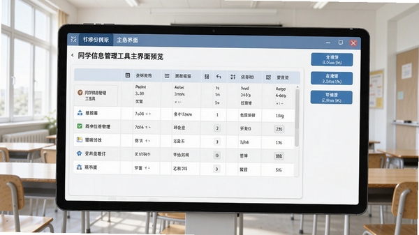同学信息管理工具主界面预览图,展示清晰的表格布局和功能按钮,背景为简洁的教室场景,整体风格明亮专业