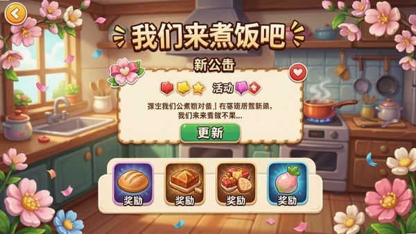 ���������󷹰ɡ���Ϸ���½��棬չʾ�°汾�ҳ�棬ɫ�����ޣ��д��ջ���װ�Σ�������ʾ���¹����뽱��ͼ�꣬��������Ϸ���������廭��ϲ������л�����