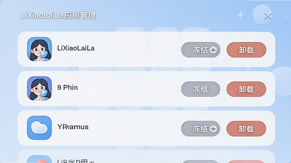 LiXiaoLaiLa应用管理界面,展示已安装应用列表,每个应用右侧有“冻结”“卸载”按钮,背景为浅蓝色调,图标圆润,突出管理功能