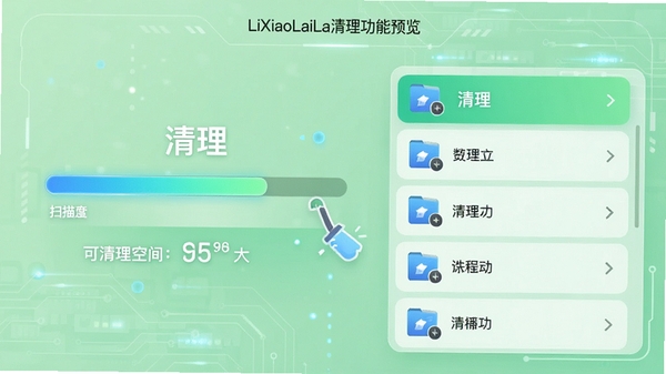 LiXiaoLaiLa清理功能预览图,左侧显示扫描进度条与可清理空间大小,右侧为文件分类列表,背景为浅绿色科技风格,突出“清理”主题,界面简洁直观