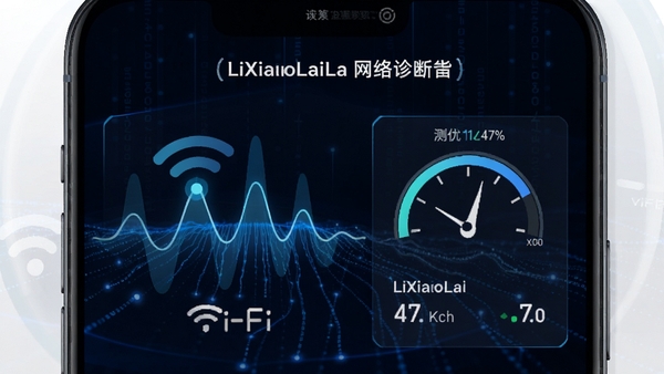 LiXiaoLaiLa网络诊断功能图,手机界面显示Wi-Fi信号波形与测速数据,背景为深色科技感,蓝色数据流线条,突出网络优化主题