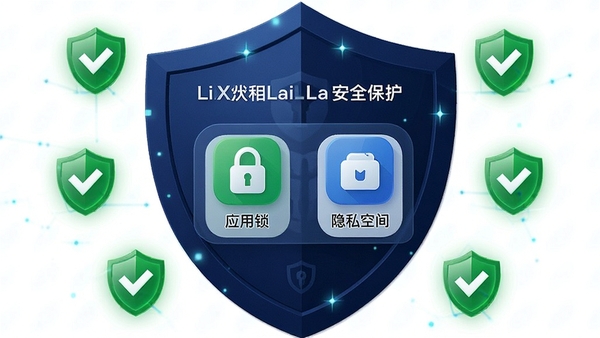 LiXiaoLaiLa安全防护界面,展示应用锁、隐私空间图标,背景为深蓝色盾牌形状,周围有绿色安全标识,强调隐私保护
