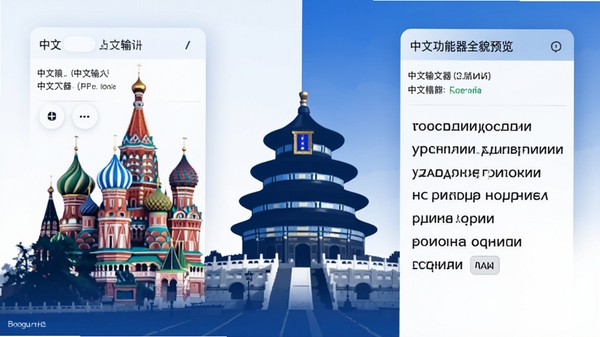 中俄翻译器核心功能全貌预览图,画面左侧为中文输入界面,右侧实时显示俄语译文,背景采用莫斯科瓦西里大教堂与北京天坛的剪影融合,整体色调蓝白相间,风格简洁现代,适配Boogu模型生成