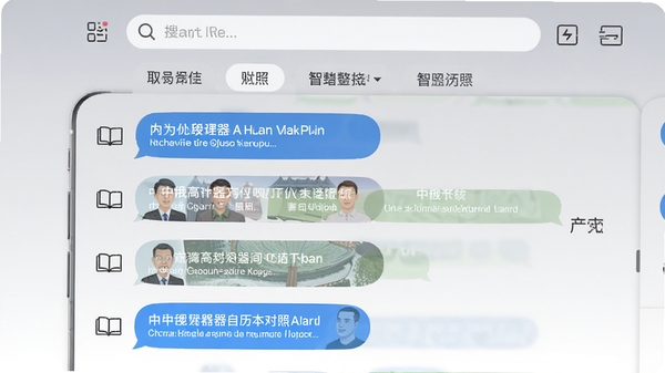 中俄翻译器双语对照历史记录界面,屏幕展示多条中俄对照的对话气泡,上方有搜索框与标签分组栏,背景为简约的灰白渐变,图标线条清晰,体现记录与整理的智能化