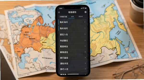 中俄翻译器离线短语包界面展示图,手机屏幕显示分类整齐的旅行常用语列表,包含“海关询问”、“酒店入住”等条目,背景为一张展开的俄罗斯双城地图,桌面风格,光线柔和,突出实用性与便捷性