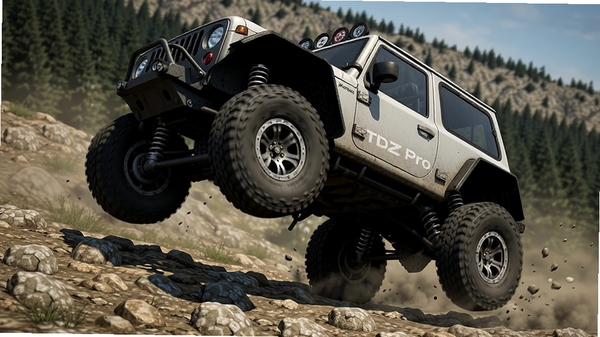 TDZ Pro��������ģ��Ч��չʾͼ��һ��ԽҰ���ڵ���ʯͷ·����ʻ���������ղ���������������б�Ƕ����ԣ�����ͻ������ѹ������̥�α�ϸ�ڣ�����Ϊɽ���ֵ�