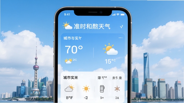 准时和煦天气应用主界面,展示城市天气实况与未来预报,背景为蓝天白云与城市天际线,整体风格清新明快,界面布局简洁,突出温度与天气图标,画面中带有准时和煦天气的logo,色调柔和,适配手机竖屏展示