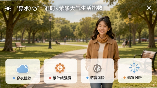准时和煦天气生活指数功能界面,展示穿衣建议、紫外线强度、感冒风险等图标,背景为户外公园场景,人物根据天气穿着合适服装,画面温馨,提示信息清晰,整体风格自然亲和