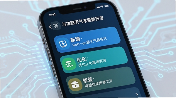 准时和煦天气版本更新日志界面,手机屏幕展示更新内容列表,背景为简洁的科技感线条,色彩明亮,突出新增、优化、修复等关键词,整体风格清晰易读