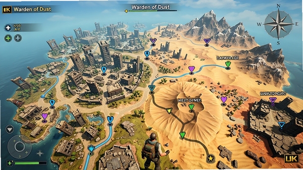 Warden of Dust ���������ͼԤ����չʾ�����ķ�����ͼ���������з��桢ɳĮ��ɽ���Ȳ�ͬ���Σ���ͼ���б�ǵ��̽������UI��ʾ����·��������������ɫ�ʷḻ����Ϸʵ����ͼ��8K�ֱ��ʣ�ϸ�ھ�ϸ