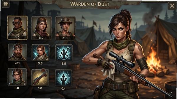 Warden of Dust��ɫ���ɽ��棬չʾ�����Ҵ��ߵ�����ͼ���ͼ�꣬һ��Ů�Ծѻ������ڲ�ǹ��������Ӫ����������̻�ϸ�壬���з��������Ϸ��ɫ�趨ͼ