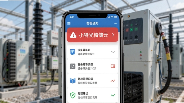 小特光储云告警通知界面,手机顶部弹出红色告警横幅,下方列出设备异常类型与处理建议,背景为电站现场逆变器特写,突出智能告警与故障诊断功能