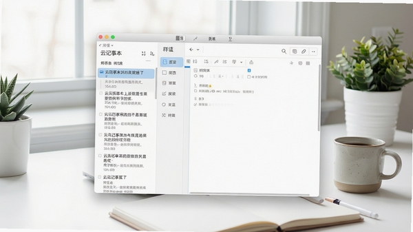 云记事本软件主界面预览图,展示左侧笔记列表与右侧编辑区域,界面简洁明亮,背景为现代简约风格的工作桌面,笔记本与咖啡杯点缀,整体色调清新自然