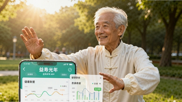 画面主体为一位精神矍铄的老年人在公园打太极,背景是绿树成荫的晨光环境,前景悬浮着手机界面显示益寿光年APP的健康数据图表,整体色调温暖明亮,体现健康、活力与科技感。