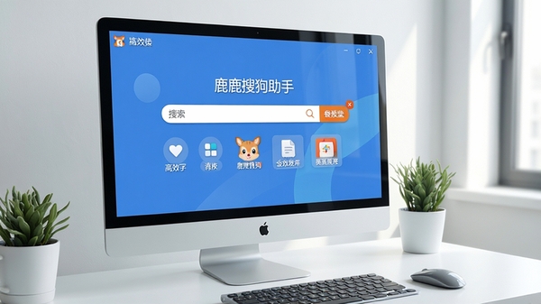 小鹿搜狗助手主界面全览,展示其简洁的搜索框与功能按钮布局,背景为现代简约的电脑桌面环境,整体画面清晰明亮,突出软件的易用性与高效性