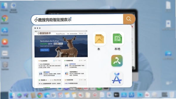 小鹿搜狗助手智能搜索功能演示图,画面中显示用户在搜索框中输入关键词后,下拉菜单同时呈现网页结果、本地文件与应用图标,背景为模糊化的电脑桌面,突出搜索结果的清晰与全面