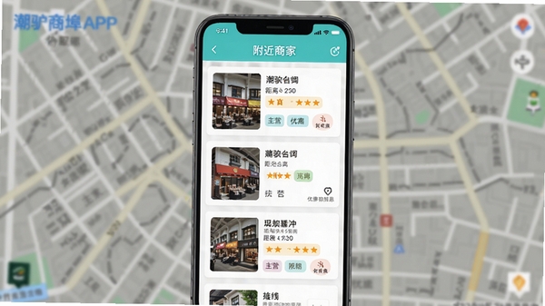 潮驴商埠APP的附近商家列表页截图,以列表形式展示商家卡片,卡片上包含店铺名称、距离、评分、主营标签和优惠信息,背景为模糊的街道地图,UI设计扁平化,色彩清新,突出信息层级,画面主体为手机界面,背景为地图纹理,风格简洁现代