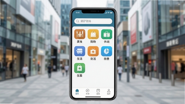 一张智能手机屏幕特写,屏幕上清晰展示潮驴商埠APP的主界面,界面顶部有搜索栏,中部是分类图标矩阵,包含美食、购物、休闲、生活缴费等,底部是导航栏,背景是模糊的现代城市街景,光线明亮,色彩自然,突出APP界面细节,画面主体为手机屏幕,背景为城市商圈,风格写实,构图居中