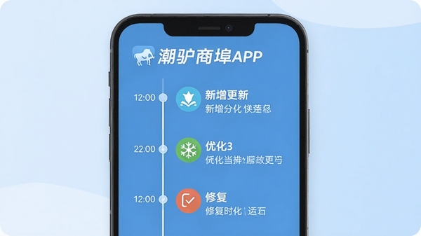 潮驴商埠APP的更新日志页面,界面简洁,以时间轴形式展示版本更新内容,包含新增、优化、修复图标,背景为淡蓝色渐变,画面主体为手机界面,风格扁平化,重点突出文字信息