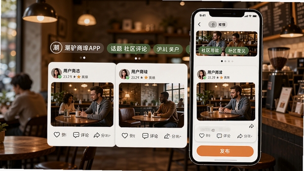 潮驴商埠APP的社区动态页面,顶部是话题标签轮播图,中间是用户发布的图文动态卡片,包含点赞、评论、分享按钮,底部是发布按钮,背景是模糊的咖啡馆内景,暖色调,画面主体为手机界面,背景为生活场景,风格温馨,突出互动氛围
