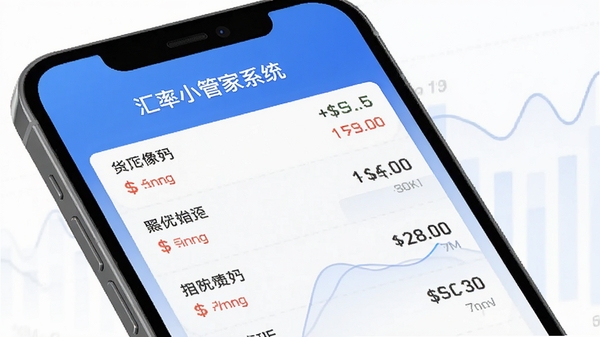 汇率小管家系统主界面预览图,手机屏幕显示多种货币汇率列表,背景为简约蓝色渐变,图表元素清晰,整体风格现代、专业,突出软件名称。