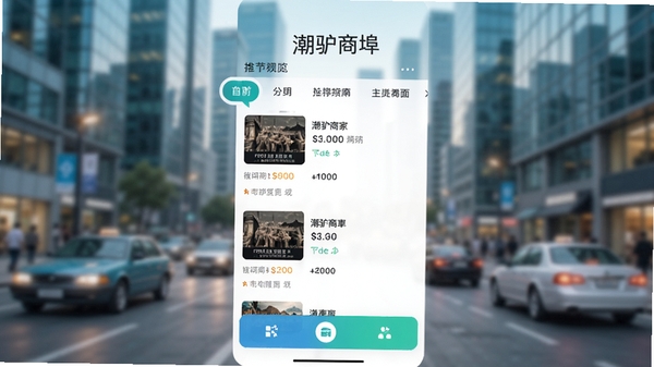 潮驴商埠应用主界面预览图,展示首页推荐商家列表、分类导航栏和底部功能按钮,背景为现代都市模糊街景,整体色调清新明亮,UI设计简洁大方,突出软件品牌名称,采用Boogu模型生成