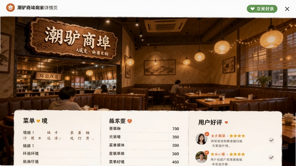 潮驴商埠商家详情页界面截图,包含店铺招牌、环境照片、菜单价格表和用户好评列表,背景为温馨的餐厅内部环境,暖色调灯光,突出平台丰富的信息展示功能,采用Boogu模型生成