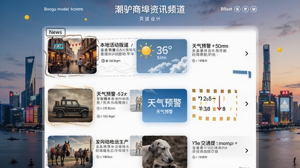 潮驴商埠资讯频道页面设计稿,展示图文混合的新闻列表,包含本地活动报道、天气预警和交通提示,背景为城市天际线,现代感强,采用Boogu模型生成