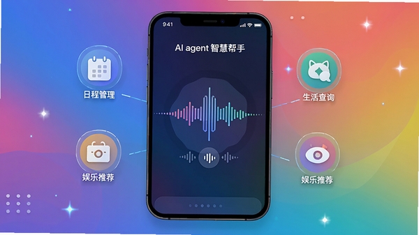 一款名为AI agent智慧帮手的安卓手机应用界面,悬浮在多彩渐变背景之上,界面简洁现代,中央有智能语音交互波形图,周围环绕着日程管理、生活查询、娱乐推荐等图标,整体风格科技感十足,突出智能、便捷、全能的核心定位