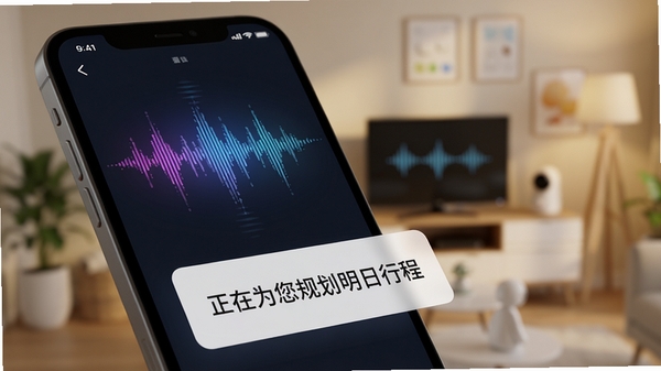 AI agent智慧帮手语音交互界面特写,手机屏幕上显示声波动态效果,下方浮现出“正在为您规划明日行程”的文字卡片,背景是模糊的智能家居环境,光线柔和,突显语音助手的智能响应与场景联动能力