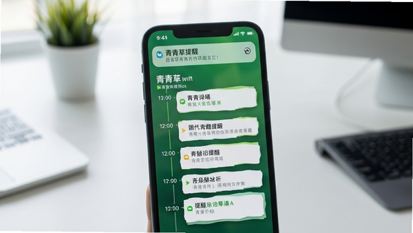 青青草提醒功能界面截图,显示一条时间轴上的多个提醒事项,背景为简约办公桌,手机屏幕亮起,通知栏展示提醒内容,色调清新,浅景深效果