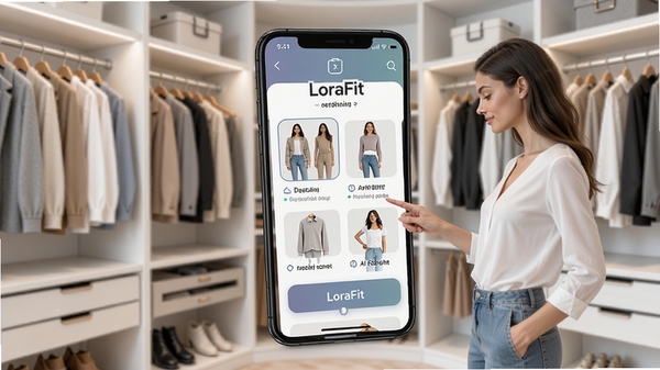 LoraFit软件主界面展示,智能手机屏幕显示衣橱管理、穿搭推荐和AI试衣功能,背景为简约时尚的衣帽间,模特站在旁边查看推荐,整体画面明亮清晰,突出LoraFit的核心功能与智能体验