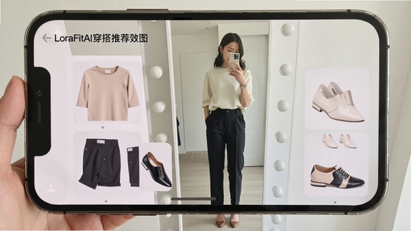 LoraFitAI穿搭推荐效果图,手机屏幕展示一套完整的穿搭方案,包含上衣、裤装、鞋履与配饰的组合,背景为简约的试衣镜前,模特正在对照推荐试穿,画面自然生动,突出LoraFit的智能推荐功能