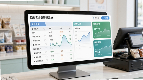 回头客会员管理系统主界面预览图,展示清晰的会员列表、消费记录和储值余额模块,背景为简洁的店铺收银台场景,整体风格明亮清爽,突出数据可视化与易用性