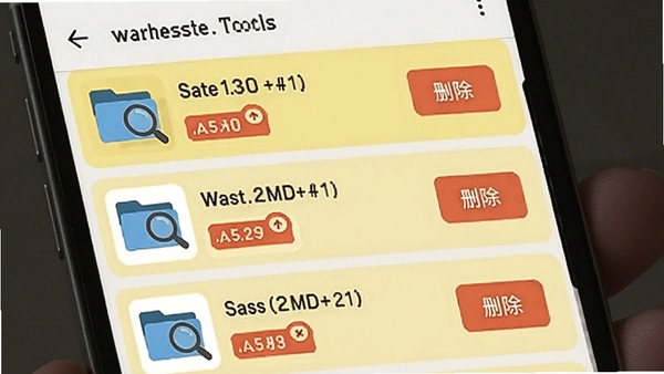 Waste Tools���ļ��б����棬�ֻ���Ļչʾ������ļ���Ŀ��ÿ����Ŀ����С��ǩ��ɾ����ť������Ϊ����ɫ����ɫ����ͻ���ļ�ռ�ÿռ��ͼ��ʹ���ļ�����Ŵ����