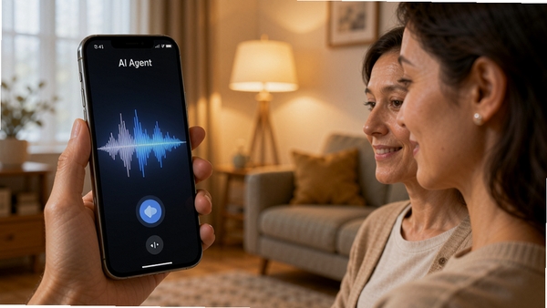 AI agent智慧帮手语音交互场景,用户对着手机说话,屏幕显示语音波形识别动画,背景为温馨家居环境,暖色调光线,突出智能语音助手的便捷与友好