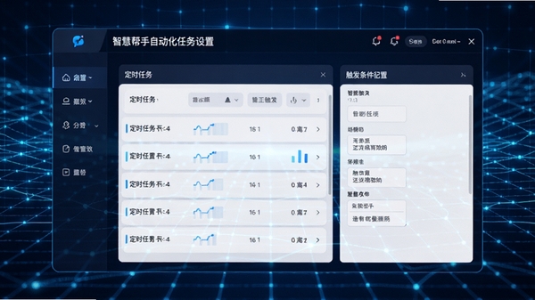AI agent智慧帮手自动化任务设置界面,展示定时任务列表与触发条件配置,背景为科技感十足的抽象网格,蓝色主调,突出智能化与高效性