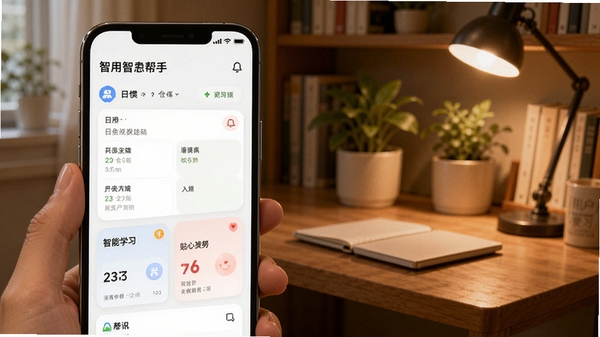 AI agent智慧帮手个性化推荐界面,手机屏幕展示根据用户习惯推荐的日程安排与资讯卡片,背景为温馨书房一角,木色书桌与绿植,暖光照亮,突出智能学习与贴心服务