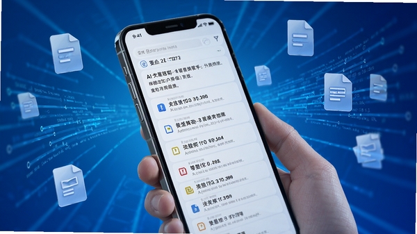 AI agent智慧帮手信息摘要功能,手机屏幕显示新闻文章自动提取的要点列表,背景为漂浮的数据流与文件图标,蓝色渐变色调,突出高效信息处理能力