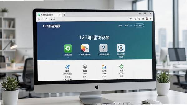 123加速浏览器主界面预览图,展示简洁的浏览器窗口,背景为现代办公场景,电脑屏幕中清晰显示123加速浏览器的起始页和功能图标,画面明亮清晰,风格写实
