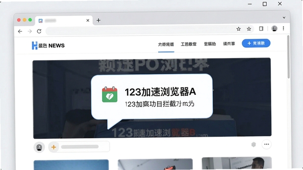 123加速浏览器广告拦截功能示意图,浏览器界面中显示一个被拦截广告的提示气泡,周围是干净的新闻网页内容,无任何广告元素,画面干净整洁,突出清爽浏览体验