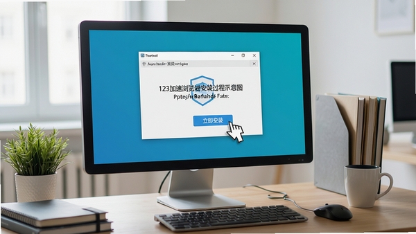 123加速浏览器安装过程示意图,电脑屏幕上显示安装向导界面,鼠标指针指向“立即安装”按钮,周围环境为办公桌,画面清晰,突出安装步骤的简单便捷