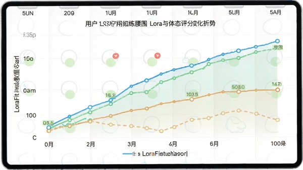 LoraFit训练数据对比折线图,展示用户一段时间内腰围与体态评分的变化趋势,背景为日历打卡界面,色彩清新明亮,图表简洁易懂,体现数据可视化优势