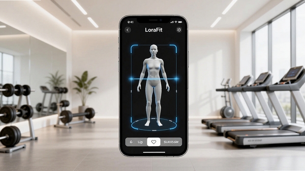 LoraFit应用主界面展示,画面中央是一部智能手机,屏幕显示LoraFit的身体扫描分析3D模型,背景为简洁明亮的现代健身房环境,光线柔和,突出科技感与健康生活氛围