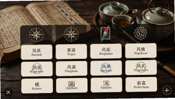 风水手机罗盘模式切换界面,展示不同风水流派的选项菜单,背景为传统风水书籍和茶具,画面突出多种模式选择和传统文化氛围,高清效果图